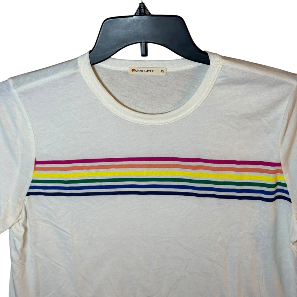 Marine Layer White Rainbow Stripe Graphic Cotton Blend Tee Women's XL - Picture 3 of 9